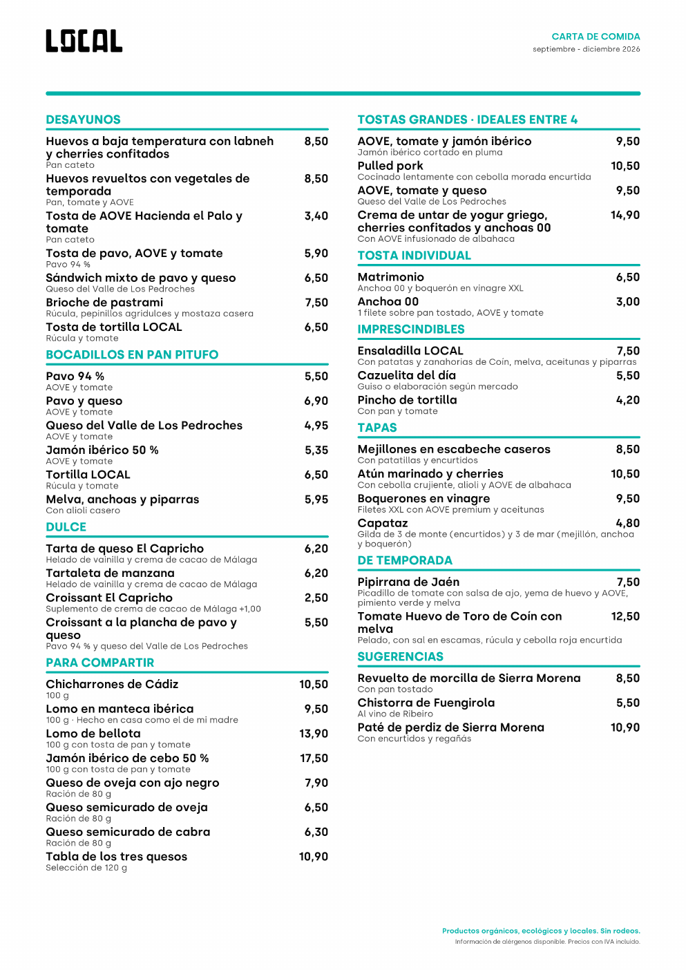 Vista previa de la carta de comida de Café LOCAL en español