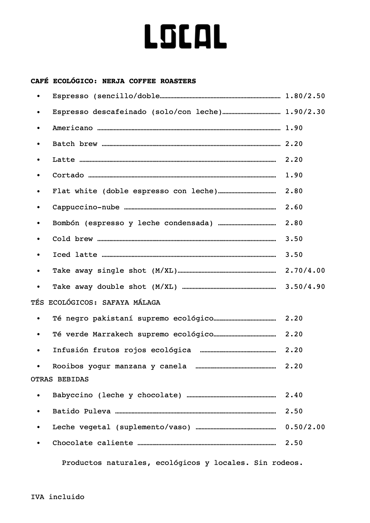 menu Carta Café, té y bebidas